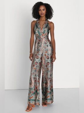 Lulu's Green Paisley Halter-Style Wide-Leg Jumpsuit